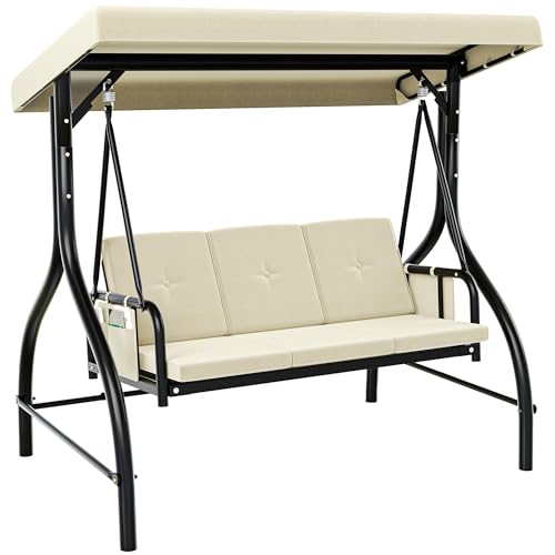 YITAHOME 3-Sitzer Hollywoodschaukel, Gartenschaukel mit Liegefunktion mit Verstellbarem Baldachin und Abnehmbarem Kissen, Gartenschaukel für Erwachsene im Garten, Pool, Balkon, Beige