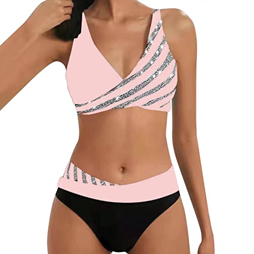 2024 Damen Bikini Set Zweiteiliger Badeanzug V Ausschnitt überkreuztes Bikini Bademode Bauchkontrolle High Waist Bikini Sets Swimsuit Push Up Strandbikini Triangel Breites Swimsuit