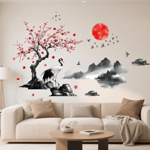 milaosk Wandtattoo Wandaufkleber XXL Blumen Baum Ast Wandsticker mit Tuschmalerei-Kranichen Wandbilder Chinesische Stil Aufkleber Schlafzimmer Wohnzimmer Sofa Hintergrund Wanddeko
