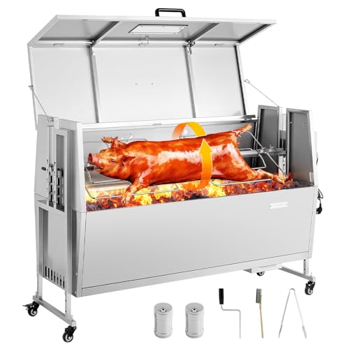 VEVOR Drehspießgrill 38 W Spanferkelgrill Lammgrill Holzkohlegrill (132 cm Grilllänge) mit 60 kg Tragkraft & Rädern & 4-facher Höhenverstellung & Deckel, Edelstahl-Elektrogrill-Set für Camping