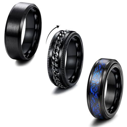 Milacolato 3 Ringe Herren Schwarz Fidget Ring Edelstahl Spinner Ring Cool Gedrehter Kette Anxiety Ring Keltischer Drache Bandring Engagement Ring Eheringe 8mm Breit