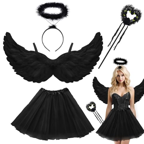 Engel Kostüm Damen Schwarz, TUTU-Rock, Engel Flüge, Heiligenschein und Zauberstab, Engelsflügel Deko Kostüm Schwarz Flügel und TUTU-Rock, Halloween Kostüme Karneval Party Cosplay Erwachsenes