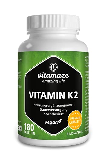 Vitamin K2 hochdosiert & vegan, 200 mcg MK-7 Menaquinon (zertifiziert, All-Trans-Form), 180 Tabletten 6 Monatsvorrat, Natürliche Nahrungsergänzung ohne Zusatzstoffe, Made in Germany