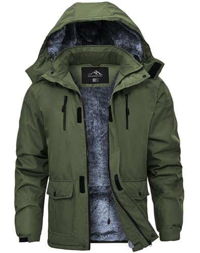 Tansozer Winterjacke Herren Warm Wasserabweisende Regenjacke Gefüttert Wanderjacke Atmungsaktiv Winddicht Ski Jacke Winter, Armeegrün, XL