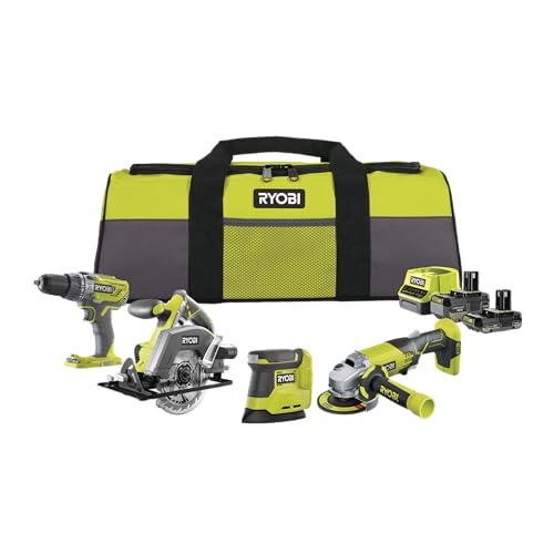 RYOBI 18V ONE+ 8-tlg, Akku-Combo-Kit RCK184O-242SZL, Schlagbohrschrauber, Winkelschleifer, Handkreissäge, Delta-Vibrationsschleifer, 2x Akkus (4,0Ah & 2,0Ah), Ladegerät, Werkzeugtasche