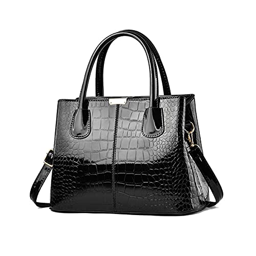NICOLE & DORIS Handtaschen Damen Mode Krokoprägung Henkeltasche Lackleder Handtasche Shopper Umhängetaschen Damentasche mit Reißverschluss Schwarz