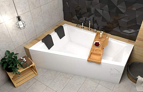 ECOLAM® Badewanne Intima Duo Eckwanne für Zwei 180x125 cm LINKS + Ablage Bambus + Schürze aus Acryl + 2x Kopfstütze Ab- und Überlauf Automatik Füße Silikon