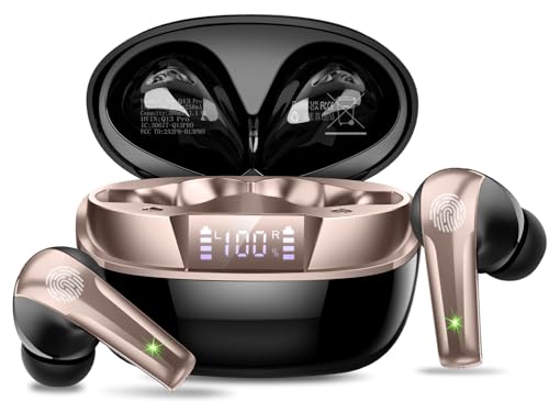 Bluetooth Kopfhörer, Kopfhörer Kabellos Bluetooth 5.4 HiFi-Klangqualität mit ENC Mikrofon, 47Std Spielzeit In Ear Ohrhörer mit IP7 Wasserdicht, Ohrhörer mit LED Anzeige für IOS/Android, Schwarzgold