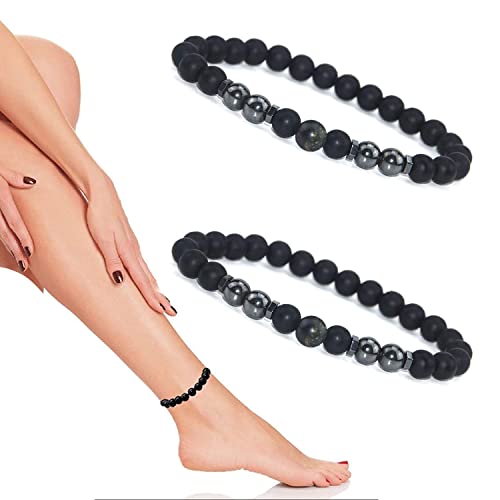IOPYKKOA 2 Pcs Anti-Swelling Black Obsidian Fußkette, einstellbare Gewichtsverlust Magnet Fußkette, Health-Care Abnehmen Magnet Fußkette für Männer und Frauen (Schwarz)