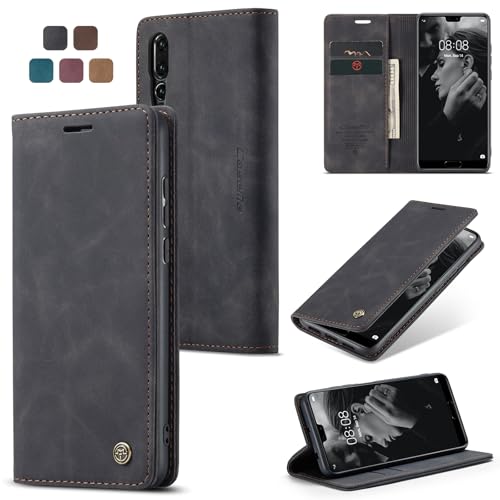 Cracedily Handyhülle für Huawei P20 Pro Hülle, Klapphülle Premium Lederhülle Klappbar Flip Case Tasche Magnet Kartenfach Standfunktion Klapphülle Schutzhülle für P20 Pro 6.1 Zoll, Schwarz