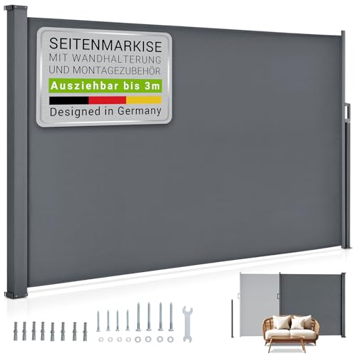 Juskys Seitenmarkise Dubai 180 x 300 cm ausziehbar Blickdicht, Sichtschutz für Balkon & Terrasse, Seitenrollo mit Wandhalterung - grau