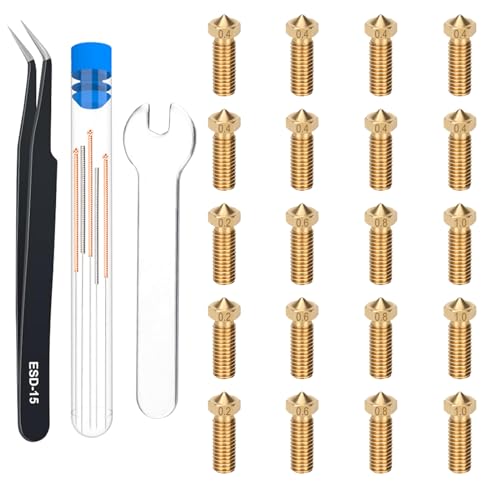 HIKUDIY 20PCS Volcano Hotends Messing Düsen Kit - 0.2/0.4/0.6/0.8/1.0mm M6 Gewinde Düsen Kit 3D Drucker Teile für Anycubic Vyper, Kobra Plus, Kobra Max, Artillery Genius, Sidewinder X1, X2