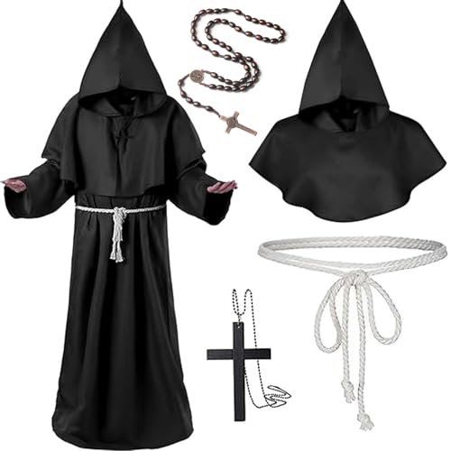 Antsparty Mönch Kostüm Herren Priester Kostüm Faschingskostüme, Mönch Priester Gewand mit Kapuze Kreuz, Herren Mittelalter Renaissance Mönch Robe für Karneval Halloween