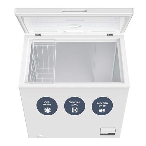 SCHOEPF – GT200S Gefriertruhe 199 L – Weiß – 83,5 x 82,3 x 55,6 cm – Energieklasse E – Schnellgefrieren – 39 dB – 200 kWh/Jahr – 4-Sterne-Kennzeichnung – Freistehend