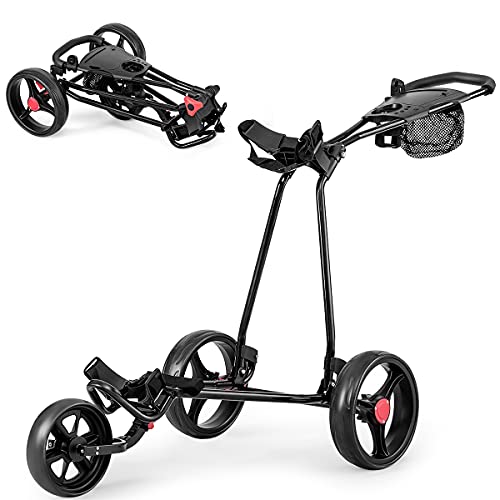 GOPLUS Golf Trolley, Golfwagen klappbar mit 3 Rad & verstellbarem Handgriff, Golf Cart leicht mit Hinterradbremse, Golf Caddy inkl.Trinkflaschenhalter, Schirmhalter & Netztasche, Schwarz