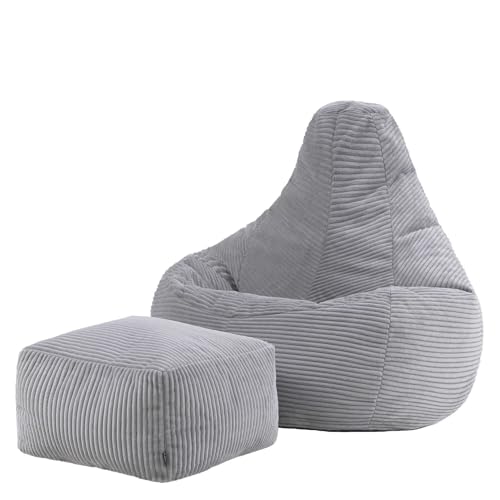 Icon Dalton Sitzsack mit Hocker Cord, Grau, Gaming Sitzsack Erwachsene mit Füllung, Bean Bag, Cord Sessel, Lounge Sessel, Lounge Stuhl, Schlafzimmer, Wohnzimmer, Wohnzimmer Möbel