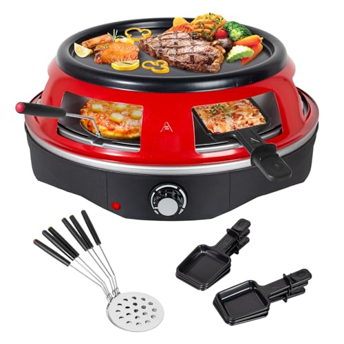 Todeco 3-in-1 Elektrischer Pizzaofen, 1200 Watt, Pizzabackofen für 6 Personen mit 6 Pizzaschaufeln, 6 Käsepfanne, Grillplatte, für Mini-Pizza in Ø 10cm, Grillen und Pfannkuchen, Rot