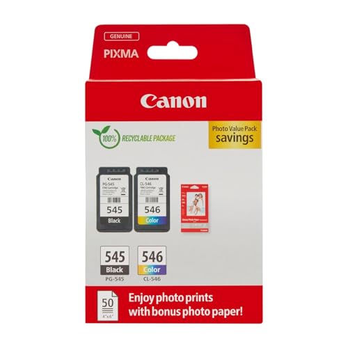 Canon Tinte & Papier Multipack - PG-545/CL-546 Original Drucker Tintenpatronen 2er-Pack (1 x Schwarz, 1 x Farbe druckerpatronen) & 4x6 Fotopapier (50 x Blatt) Für PIXMA TS3350, TS4550, TS3450, TS3150