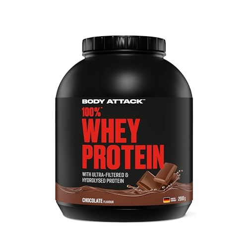 Body Attack 100% Whey Protein Chocolate, 2 kg - Made in Germany - extra cremiges Eiweißpulver mit Hydrolysat und BCAA´s, unterstützt Muskelaufbau und Diäten, für alle Sportler & Athleten