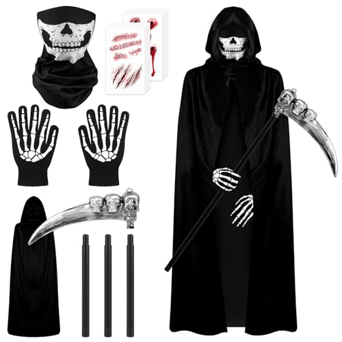 VEYLIN Adult Halloween Kostüm Vollständiges Todes Kostüm mit 130cm Umhang + Skelett Handschuhe + Maske + Sense - Horror Cosplay Set mit Tattoos (10 Wundsticker, 2 Designs) für Gruselfeste