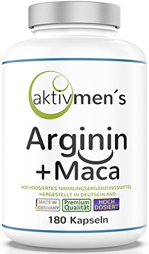 L Arginin + Maca Kapseln hochdosiert + laborgeprüft - 180 Kapseln vegan - L-Arginin Base pflanzlich aus Fermentation + Maca Wurzel Extrakt 20:1-1 Dose (1x140g) hergestellt ohne Füll- und Trennmittel