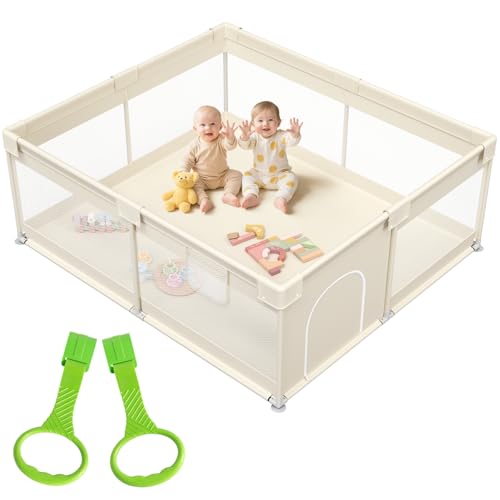 Julrrimg Laufstall Baby 175x150 cm – Großer Baby Laufgitter XXL Sicherheitsspielplatz Kinder mit Netzdesign, ideal für den Innenbereich, Beige