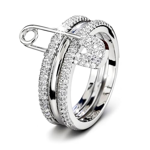 Pregeckit Modische Sicherheitsnadel, stapelbare Ringe für Damen, Zirkonia, Pavé-Fassung, mehrere Glieder, klobig, stapelbar, Schmuck, Geschenk (Silber, 8)
