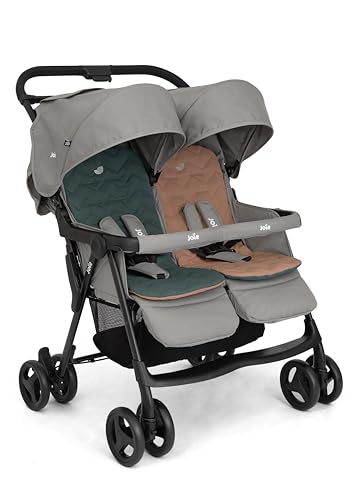 Joie aire™ twin Zwillingsbuggy – leichter Buggy mit kompaktem Faltmaß, flacher Liegefunktion, Regenschutz & zwei Sitzen, geeignet ab Geburt bis 3 Jahre (0–15 kg), pebble