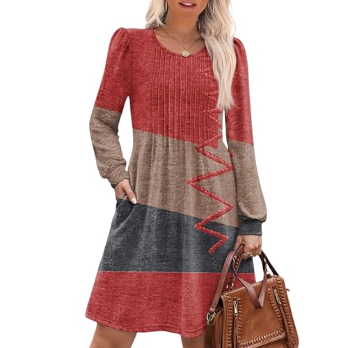 Strickkleid Damen Herbst Pullover Kleid Langarm Damen Kleider A Linie Herbstkleid Knielang Winterkleid Elegant Pulloverkleid Rundhals Tunikakleid mit Taschen Hot Pink 6 S