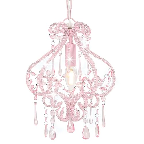 vidaXL Deckenpendelleuchte, E14 Lampen, 24x32 cm, rosa Metallfuß mit Acrylperlen, eleganter Kronleuchter für Schlafzimmer & Wohnzimmer, Hängeleuchte