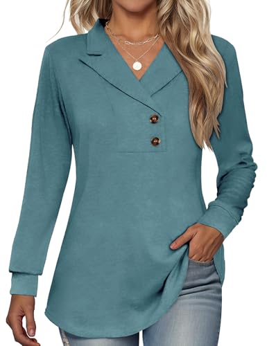 Tisfeer Sweatshirt Damen Pullover V-Ausschnitt Langarmshirt Elegant Business Lässig Tunika Tops Locker Herbst Winter Einfarbig Oberteile 2025(Blau Grün,L)