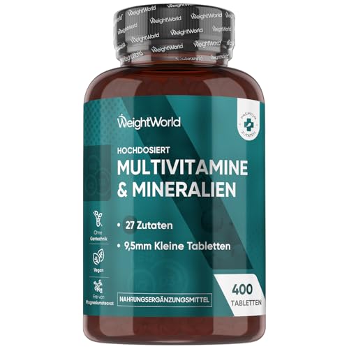 Multivitamin Tabletten - 400 vegane Tabletten - 27 Zutaten - Mit Vit B Komplex, Vitamin C, Magnesium, Kalium - 13+ Monate Vorrat - Frei von Magnesiumstearat - WeightWorld