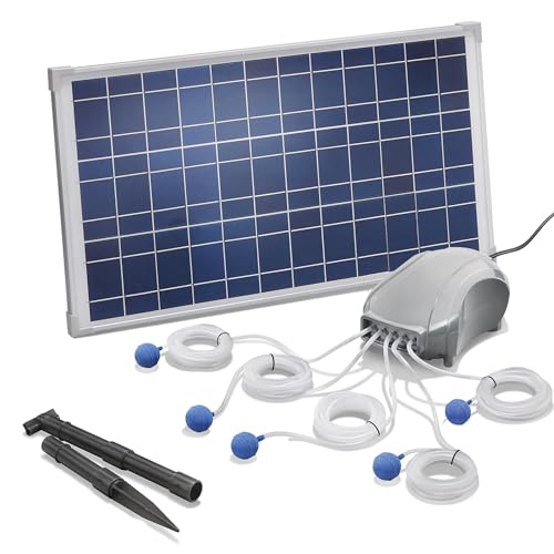 esotec Solar Teichbelüfter 25/600 Professional, 5x120l/h, Komplettset, Belüftungspumpe, Sauerstoffpumpe, 5 Luftausgänge, Teichpumpe, Luftpumpe für Gartenteich, Teich-Zubehör, 101076