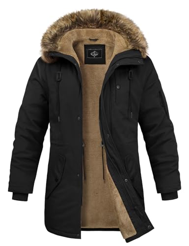 Xnova Winterjacke Herren Parka Lang Warme Gefüttert Fleecejacke Outdoor Winterparka Winddicht Wintermantel Übergangsjacke mit Abnehmbarer Fellbesatz Thermo Wanderjacke, Schwarz, L