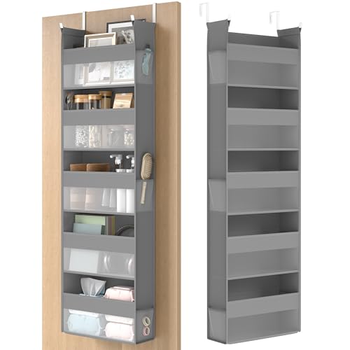 SONGMICS Hängeorganizer, Hängeregal, Tür-Organizer, Hängeaufbewahrung, Türregal Stoff, transparentes Nylonnetz, faltbar, Metallhaken, Seitentaschen, Taubengrau RDH007G01