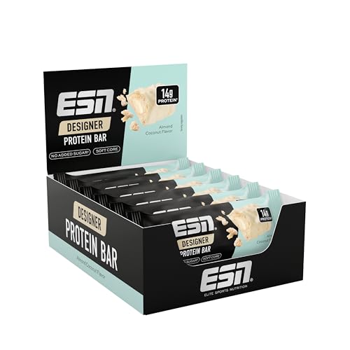 ESN Designer Bar Box, Almond Coconut, 12 x 45 g, der ideale Snack mit bis zu 14 g Protein pro Riegel - made in Germany
