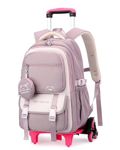 Tanou Schulrucksack Trolley für Mädchen, 30L Rucksack Teenager mit Rollen, Abnehmbar Trolley Schultasche Mädchen für Grundschule Sekundarstufe Lässiger Ranzen mit 6 Räder, Lila