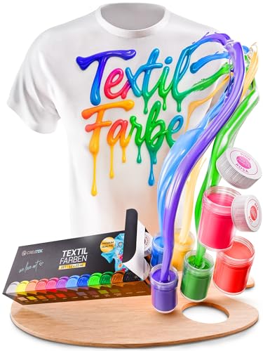 CreaTek Textilfarbe waschmaschinenfest 12 intensive Farben je 25ml + 2 Pinsel - echte Stoffmalfarben waschfest bis 40 °C - Stofffarben ideal für helle T-Shirts, Schuhe, Taschen - Fabric Paint Set