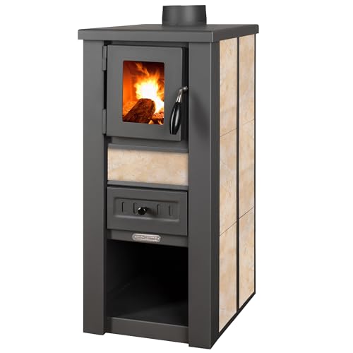 ProTermo Kaminofen Lava Ceramic Beige - 6,5 kW Heizleistung - 35x44x78 cm Holzofen mit Schamottsteinen mit Sichtfenster Holz Kamin - Bauart 2