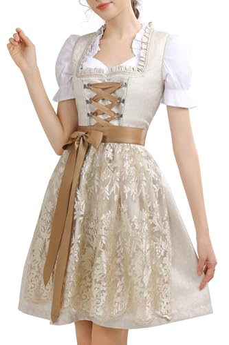 KOSMEEU Dirndl Damen Midi Trachtenkleid Oktoberfest Trachtenmode Trachten Trachtenrock Germandress inkl. Dirndl Dirndlschürze Dirndlbluse Apricot 44