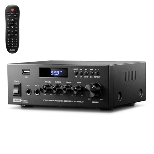 Moukey Verstärker Home Audio, 2.0-Kanal-Stereo-Receiver mit Bluetooth 5.3, Vollfunktionsfernbedienung, FM, RCA, USB, 2 Mikrofoneingänge, 300 W Spitzenleistung, für Karaoke, Garage, Heimkino, MAMP3