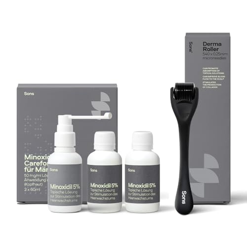 Sons Minoxidil 5% Lösung (3x60ml) mit 0.25mm Derma Roller für Männer bei Haarausfall, Klinisch bewährte Behandlung, für Haarwachstum, präzisem Pumpspender, Microneedling erhöht die Aufnahme, 3 Monate