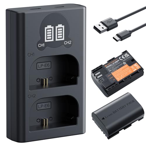 K&F CONCEPT LP-E6NH hohe Kapazität 2600mAh Zwei Akkus und EIN Ladegerät (2er Pack) und 2-Slot Ladegerät Akku-Kit,Kompatibel mit Canon EOS R7 R5 EOS R6 EOS R 5D II III IV 6D II 7D II 60D 70D 80D 90D
