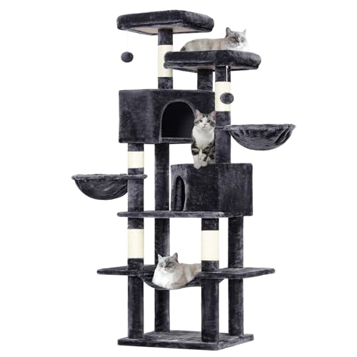 MSmask Kratzbaum groß, 180 cm hoch Katzenbaum mit Sisalstämmen, 2 Plattformen, 2 Katzenhöhlen, Korb, Hängematte, Stabiler Katzenkratzbaum, mehrstöckiger Kletterbaum für Katzen, Dunkelgrau