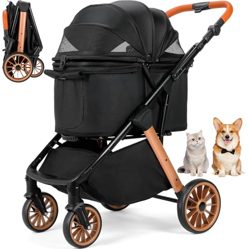 MAMIZO Faltbarer Hundebuggy One-Touch, Faltbar Katzenwagen, Bis 25 kg, Aluminium-Carbonstahl-Gestell, Höhenverstellbarer Griff, Getränkehalter, 4 PCS 360° Gummiräder, für kleine Hunde Katz, Schwarz
