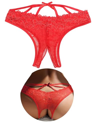 Slip Ouvert Für Frauen String Große Größen Spitze Dessous Damen Sexy Unterwäsche mit Loch Curvy Höschen Unterhosen im Schritt Offen Hipster Offener Schritt Übergroße Reizwäsche Rot,XXL