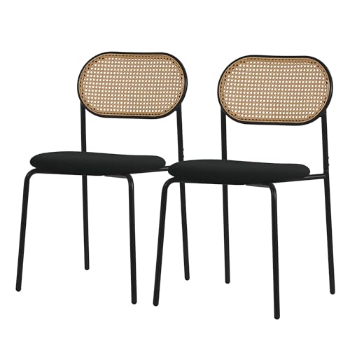 ML-Design Esszimmerstühle 2er Set, Schwarz, Küchenstuhl mit Rattan Rückenlehne, Gepolsterte Stühle mit gebogener Netzrücke, Rattanstuhl mit Metallbeinen, Polsterstühle Akzentstühle für Esszimmer Küche