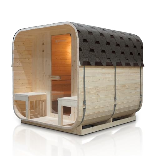 Artsauna Fasssauna Nolvik XXL, Outdoor-Sauna aus Fichtenholz, 8 kW Ofen, LED, Komplettset mit Sanduhr, Eimer & Thermometer, Winterfest, Cube Design