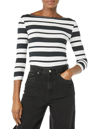 Amazon Essentials Damen T-Shirt mit Bateau-Ausschnitt und 3/4-Ärmeln in schmaler Passform, Schwarz Weiß Platzierter Streifen, L