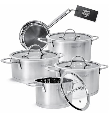 Moritz & Moritz 5-teiliges Kochtopfset inkl. 4 Glasdeckel - Edelstahl Topfset Induktion & alle Herdarten - stylische Töpfe mit Deckel & Stielkasserolle - Geeignet für Spülmaschine & Backofen
